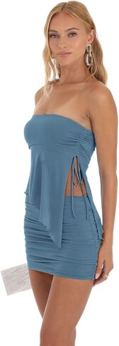 korssyee Skirt Sets Women 2 Piece Outfits Sexy Summer Tube Top Strapless Ruffle Asymmetrical Hem Crop Top and Mini Skirt Set in Kuwait