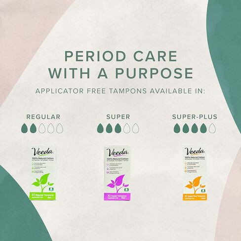 Veeda 100% Natural Cotton Applicator Free Tampons Super Absorbent Comfort Digital Super Plus Tampons Chlorine Toxin and Pesticide free, 32 Count in Kuwait