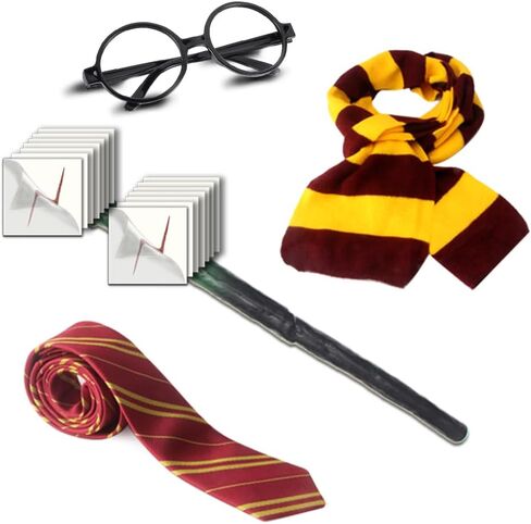 Wizard Cosplay Party Costumes Set - Striped Tie,Glasses Frame,Wizard hat,Magic Wand, Lightning Bolt Scar Tattoos, Striped Knit Scarf for Halloween,Birthday Cosplay Party Decorations-No Robe Yellow in Saudi Arabia