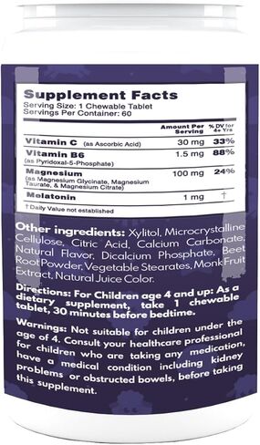 VAL Kids Melatonin Plus Magnesium, B6, Vitamin C, Bedtime Routine Supplement, Sleep Support for Kids 4+, Drug Free, Sugar Free, Natural Blueberry Yogurt Flavor, 60 Chew Tabs in Saudi Arabia