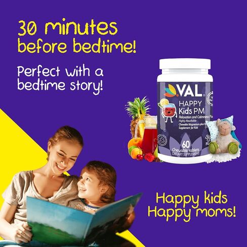 VAL Kids Melatonin Plus Magnesium, B6, Vitamin C, Bedtime Routine Supplement, Sleep Support for Kids 4+, Drug Free, Sugar Free, Natural Blueberry Yogurt Flavor, 60 Chew Tabs in Saudi Arabia