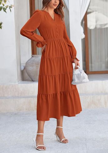 فستان خريفي طويل للنساء من PRETTYGARDEN بأكمام طويلة ورقبة على شكل V ومكشكش متدرج على شكل حرف A فساتين حفلات الكوكتيل in Saudi Arabia