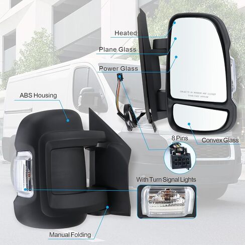 مرآة جانبية للراكب الأيمن متوافقة مع 2014-2024 Ram Promaster 1500/2500/3500 مع ضوء إشارة الانعطاف اليدوي بدون طاقة، زجاج غير ساخن، استبدال #CH1321417 5VE98JXWAB(2Pins) in Kuwait