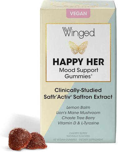 WINGED Happy Her Mood Gummies | Happy Mind & Positive Feelings | Clinically-studied Saffron Extract, Lion’s Mane, Lemon Balm, Vitamin D, L-Tyrosine & Chaste Tree Extracts | Cherry Berry Flavor (42ct) in Saudi Arabia