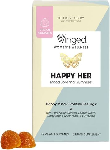 WINGED Happy Her Mood Gummies | Happy Mind & Positive Feelings | Clinically-studied Saffron Extract, Lion’s Mane, Lemon Balm, Vitamin D, L-Tyrosine & Chaste Tree Extracts | Cherry Berry Flavor (42ct) in Saudi Arabia