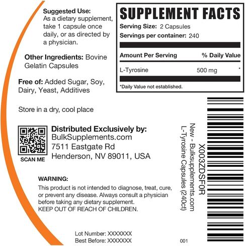 BULKSUPPLEMENTS.COM كبسولات L-Tyrosine - مكمل Tyrosine - كبسولات L Tyrosine 1000mg - مكمل الطاقة والتركيز - 2 كبسولة Tyrosine لكل وجبة - إمداد لمدة 90 يومًا (180 كبسولة) in Saudi Arabia
