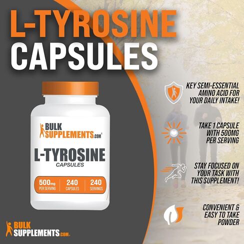 BULKSUPPLEMENTS.COM كبسولات L-Tyrosine - مكمل Tyrosine - كبسولات L Tyrosine 1000mg - مكمل الطاقة والتركيز - 2 كبسولة Tyrosine لكل وجبة - إمداد لمدة 90 يومًا (180 كبسولة) in Saudi Arabia