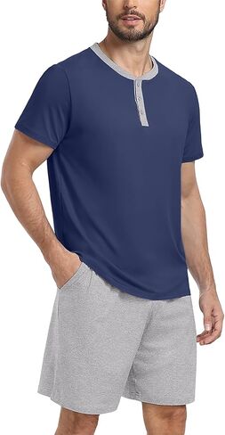 PrinStory Mens Pajama Set Pjs Sleepwear Lightweight Quick Dry Cozy Short Sleeve Button Neck Shirts and Shorts Sleep Sets in Saudi Arabia