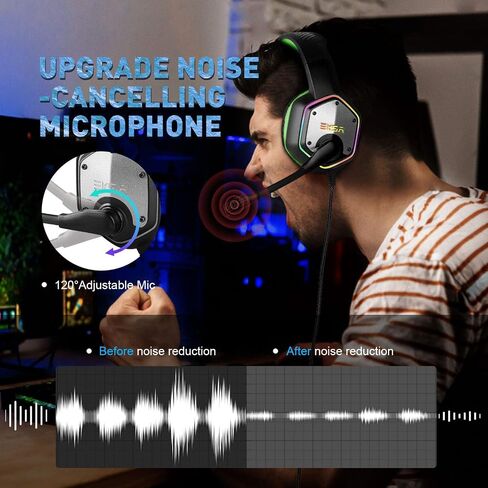 EKSA E1000 USB PC Gaming Headset with Mic, 7.1 Surround Sound | Computer Headphones with Microphone Noise Cancelling, RGB Light, Wired Headphones for PS4, PS5 Console, Laptop, Call Center in Saudi Arabia