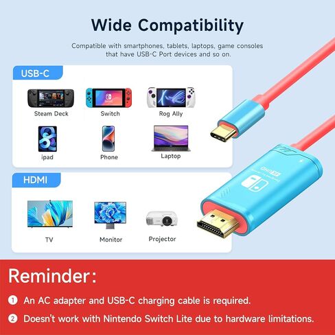 JINGDU USB C to HDMI Cable Compatible with Nintendo Switch 2017/OLED, USB-C HDMI Cable Replaces the Original Switch Dock for TV Screen Mirroring, 4K30Hz, Blue in Kuwait