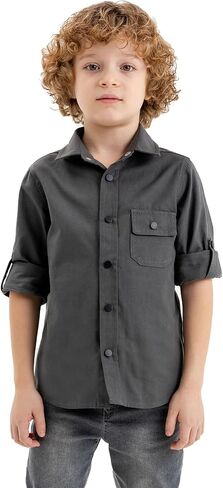 Boys Long Sleeve Shirts: Snap Button Up Toddler Boy Shirt, Roll-Up Sleeves Boys Dress Shirts, Boys Linen Shirt in Kuwait