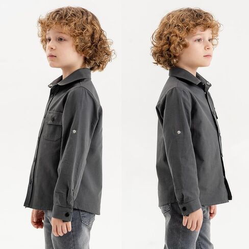 Boys Long Sleeve Shirts: Snap Button Up Toddler Boy Shirt, Roll-Up Sleeves Boys Dress Shirts, Boys Linen Shirt in Kuwait