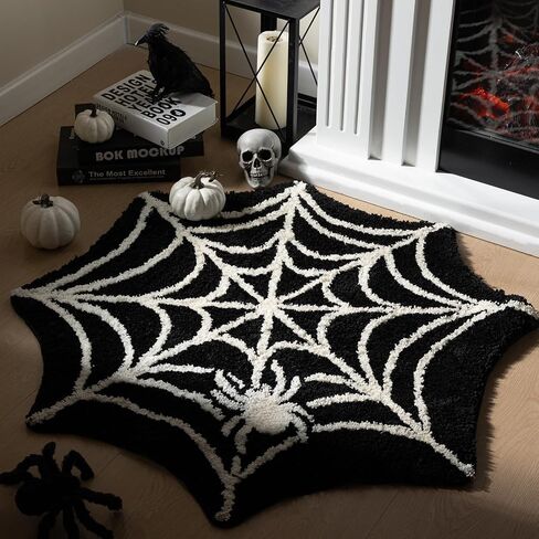 Ashler Halloween Spider Web Rug, Spiderweb Bath Mat for Halloween Decor, Gothic Bathroom Rug, Spiderweb Area Rug Non-Slip Tufted Mats for Front Door, Living Room, Bedroom, Kids' Room, 1.8x3ft, Black in Saudi Arabia
