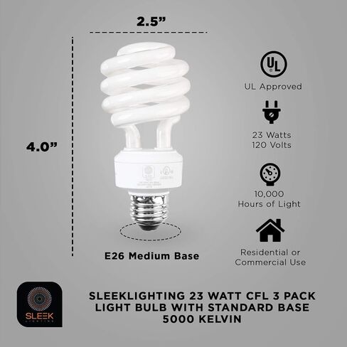 SLEEKLIGHTING E26 Standard Screw Base 23Watt CFL Light Bulb - 4 Pack 2700 Kelvin for a Warm White and 1600 Lumens (100 Watt Light Bulb Equivalent) - UL Listed in Saudi Arabia