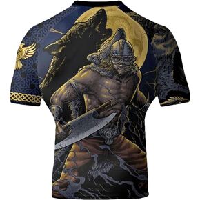 قميص Raven Fightwear الرجالي Ulfhedinn Wolf Norse BJJ Rash Guard بأكمام قصيرة MMA باللون الأسود