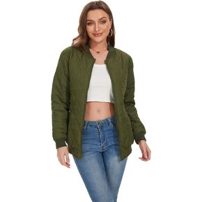 Women's Quilted Bomber Jacket Winter Long Sleeve Warm Lightweight Casual Zipper Cardigan Coat Windproof Fashion