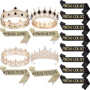 16 Pcs Prom King and Prom Queen 80s Prom Decor Crowns Tiara Sash Shiny Satin for Party Favors Adults Cosplay Decorations (Exquisite Styles)