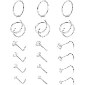 18PCS 20G 316L Stainless Steel Nose Rings Hoop for Women Men CZ Nose Studs Clicker Hinged Nose Hoops Double Nose Ring Piercings Jewelry in Saudi Arabia