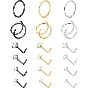 18 قطعة 20 جرام 316L حلقات الأنف من الفولاذ المقاوم للصدأ هوب للنساء والرجال تشيكوسلوفاكيا الأنف ترصيع الفرس يتوقف الأنف الأطواق مزدوجة الأنف الدائري الثقب مجوهرات in Kuwait