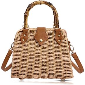 Straw Bag, Crossbody Bags for Women, Bohemian Handmade Woven Bag, Bamboo Handle Handbag Hard Box Handbags, Parties, Vacations Beach Bag(Khaki)