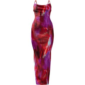 Cowl Neck Printed Plisse Maxi Dress Sleeveless Tank Dress Summer Beach Dresses