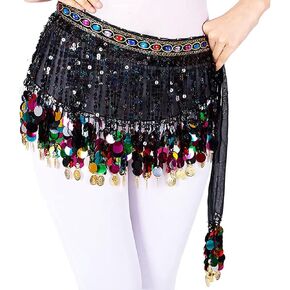 Belly Dance Hip Scarf Black for Women Dancing Costume Coin Belt Skirt