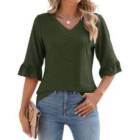 LOMON 3/4 Length Sleeve Womens Tops Summer Loose V-Neck Eyelet T-Shirts Dressy Casual Ruffle Sleeve Tunic Blouses in Kuwait