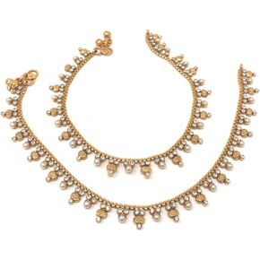 Duel On Jewel Indian Gold Plated Chain Payal Bells Anklet Pair For Women in Pearls and Zircon - Wedding Party Beach Gift