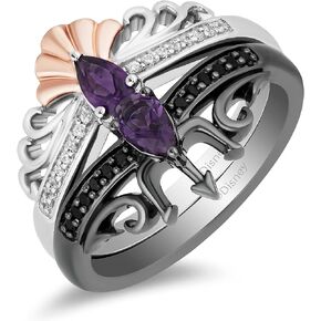 Jewelili Enchanted Disney Fine Jewelry Black Rhodium & 14K Rose Gold Over Sterling Silver 5x3 MM Pear Amethyst with 1/6 Cttw Treated Black & Natural White Round Diamonds Ariel and Ursula Villains Duo Ring