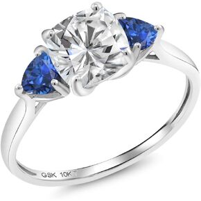 10K White Gold White Moissanite from Charles & Colvard and Blue Created Sapphire 3-Stone Engagement Ring For Women (2.24 Cttw, 7MM Cushion and 4MM Trillion, Available In Size 5, 6, 7, 8, 9)