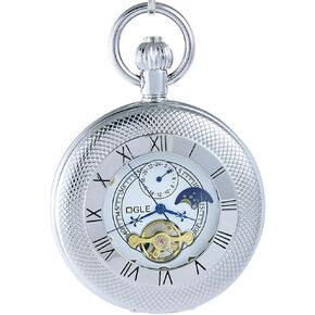 OGLE Waterproof Classics Roman Tourbillon Phases Moon Chain Fob Skeleton Automatic Mechanical Pocket Watch