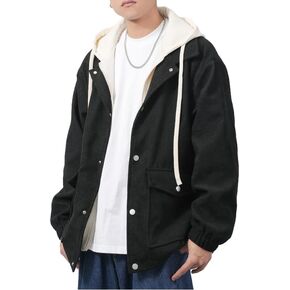 Men's Corduroy Jacket Hoodies Button-Down Casual Shirt Jackets With Pockets Zipper Thicken Unisex Men Drawstring Coat,XS-X