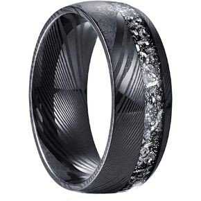 NUNCAD Damascus Steel Ring for Men Blue Grooved/Crushed Opal Inlay 4mm 8mm Wedding Band Comfort Fit Size 6-12