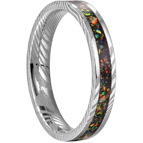 NUNCAD Damascus Steel Ring for Men Blue Grooved/Crushed Opal Inlay 4mm 8mm Wedding Band Comfort Fit Size 6-12
