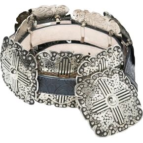 Ladies Black Floral Embossed Leather Belt with Antique Silver Tone Square Conchos, Removable Buckle