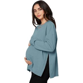 OYOANGLE Women's Maternity Long Sleeve Drop Shoulder Split Hem Breastfeeding Tee Tops