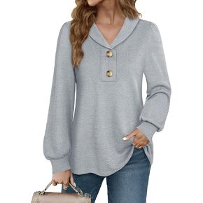 Messic Tunic Tops for Leggings Puff Long Sleeve Tops Collared V Neck Shirts Button Up Tunic Shirts