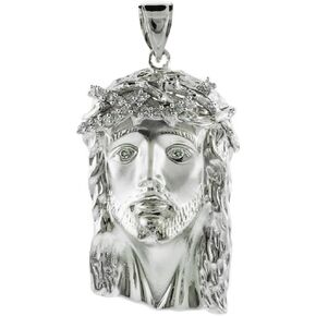 Religious Jewelry by FDJ .925 Sterling Silver Cubic Zirconia Accented Iced Out Jesus Face Pendant Charm