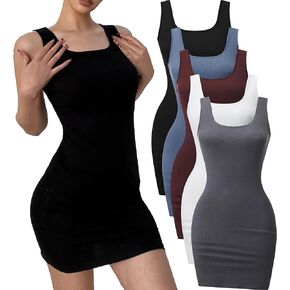 5 Piece Women Sleeveless Tank Dresses Square Neck Slim Fit Short Casual Bodycon Party Club Mini Dress