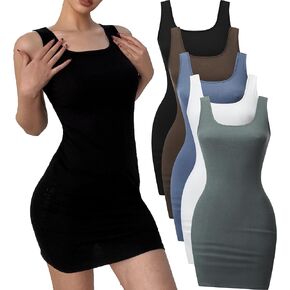 5 Piece Women Sleeveless Tank Dresses Square Neck Slim Fit Short Casual Bodycon Party Club Mini Dress