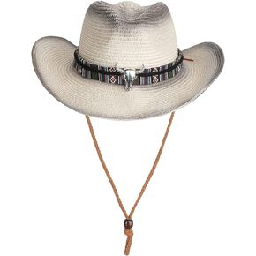 Straw Cowboy Hat Wide Brim Sun Hat for Men Women Cowgirl Panama Hat with Chin Strap Bull Sombrero Travel Change Color Hat