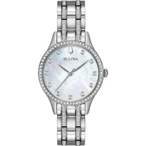 Bulova Ladies' Crystal Accented Gift Set with 3-Hand Quartz Watch and Flexible Bangle Bracelets, Mother-of-Pearl Dial