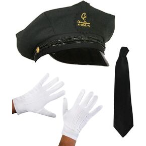 Men's Chauffeur Cap Limo Taxi Driver Hat Glove Tie Fancy Kit