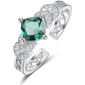 TANGPOET 6mm Simulated Emerald Rings for Women 925 Sterling Silver Adjustable Green Gemstone Leaf Rings Open Band Rings Valentine Anniversary Promise Jewelry Gifts for Her