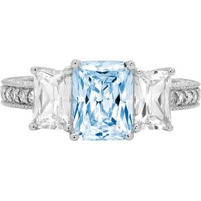 Clara Pucci 4.2ct Emerald Round Cut Solitaire 3 stone Natural Sky Blue Topaz Engagement Promise Anniversary Bridal ring 14k White Gold