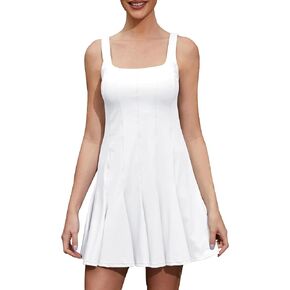 Rigolla Workout Dress with Built-in Bra Shorts Workout 2-in-1 Golf Skirts Pockets Vertical Stripe Splicing Outfits