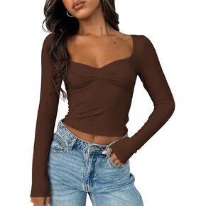 Cioatin Women Going Out Crop Tops Y2K Clothes Cute Sweetheart Neck Long Sleeve T Shirt Top Skinny Fall Trendy Tee Teens