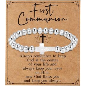 GLITTO First Communion/Confirmation Gifts for Teen Girls, Cross Charm Bead Stretch Bracelets Christian Jewelry Teenage Girls
