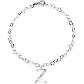 Gem Stone King 925 Sterling Silver Heart Link Bracelet For Women with Personalized White Moissanite A-Z Letter Initial Alphabet Charm (Made In Italy, 7.5 Inch)