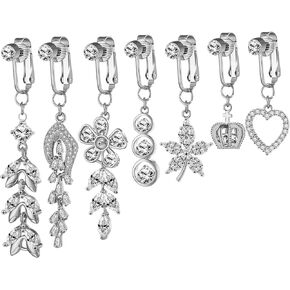 7PCS Fake Belly Button Ring Clip On Earrings CZ Long Drop Dangle Earrings Fake Belly Piercing Belly Button Rings Butterfly Snake Heart Crown Belly Rings Non Piercing Jewelry